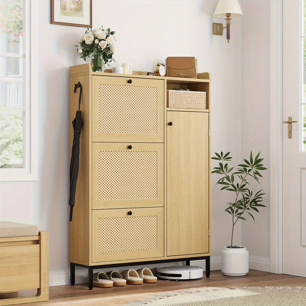 Zapatero de mimbre con 3 cajones basculantes