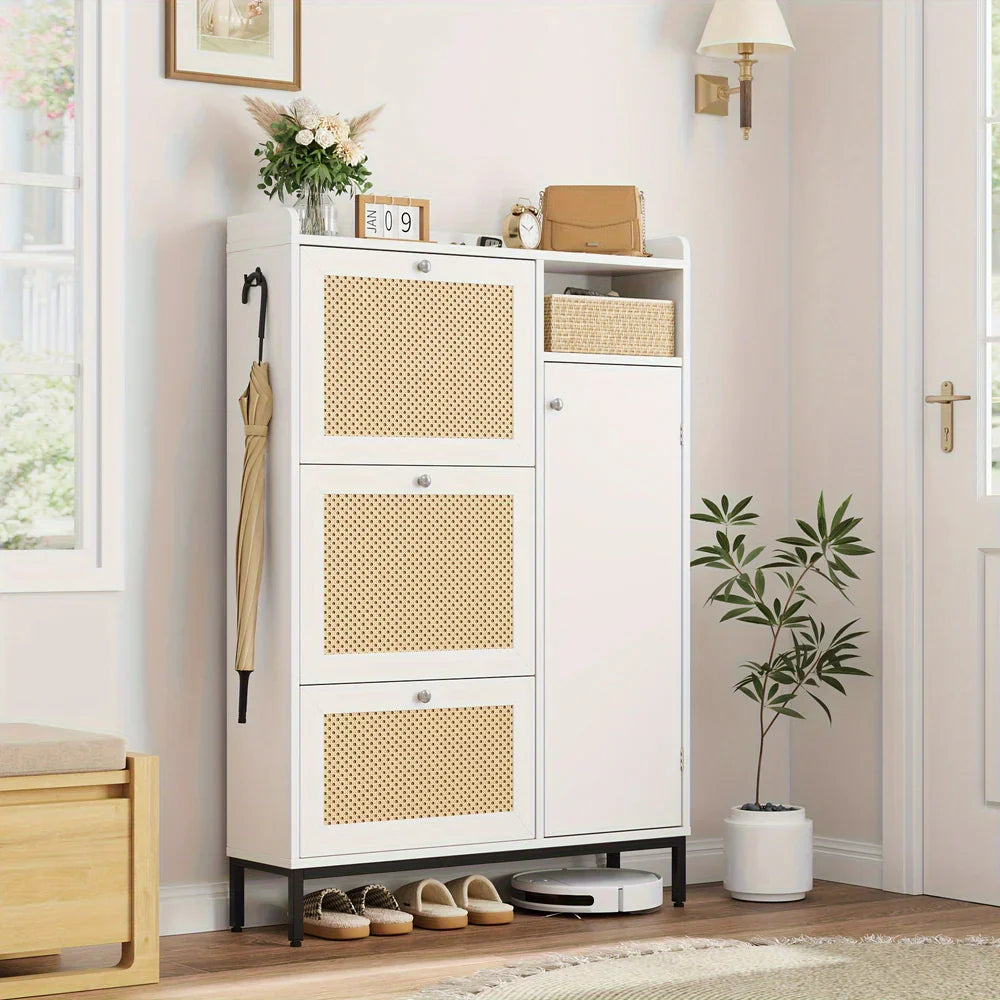 Zapatero de mimbre con 3 cajones basculantes